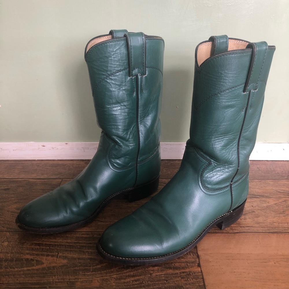 Justin Green Leather Roper Cowboy Boots Womens Size 5.5 B Style L3722 USA
